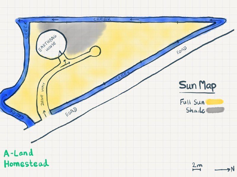 The same map shaded yellow for full sun, with a grey patch of shade near the house