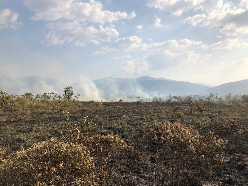 Blackened grassland in the foreground, with smoke rising from fires along the mountains behind